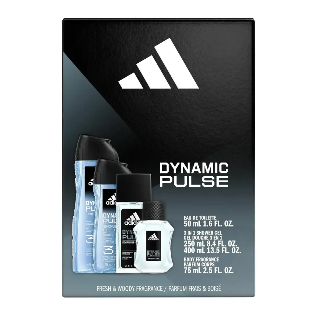 Bộ mỹ phẩm  hiệu Adidas Pulse, bao gồm: 01 chai nước hoa (EDT) 50ml, 01 chai sữa tắm (Body Wash) 400ml, 01 chai sữa tắm (Body Wash) 250ml và 01 chai xịt khử mùi (Body Spray) 75ml, mới 100%
